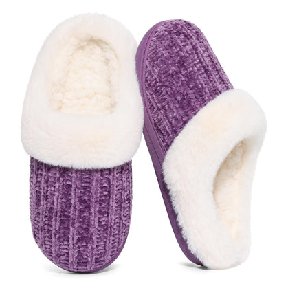 Evshine Women's Chenille Knit Fuzzy Slippers Memory Foam Warm House Shoes