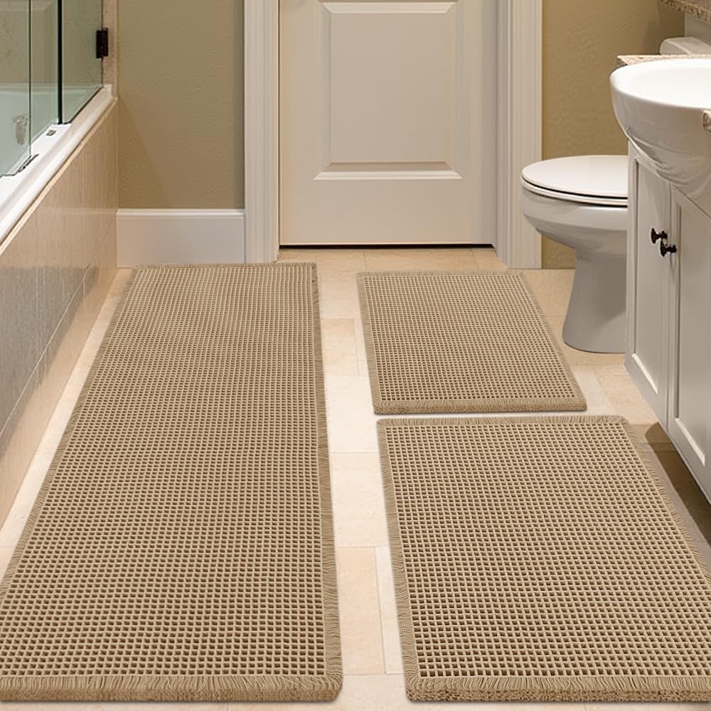 IM HOME Waffle Bath Mat Set 2 Piece Olive Green,Woven Modern Bath Rug Mats, Absorbent Non Slip Bath Floor Mat, Soft Washable Boho Bath Rugs with Tassels for Bathroom, Bedroom, Kitchen,Tub