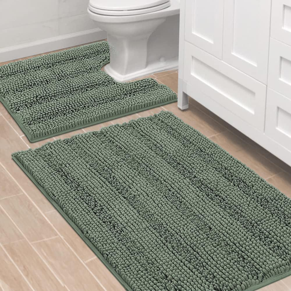 H.VERSAILTEX Bath Rugs for Bathroom Non Slip Bath Mats Extra Thick Chenille Striped Rug 20" x 32" Absorbent Non Skid Fluffy Soft Shaggy Washable Dry Fast Plush Mat for Indoor, Bath Room, Tub - Sage