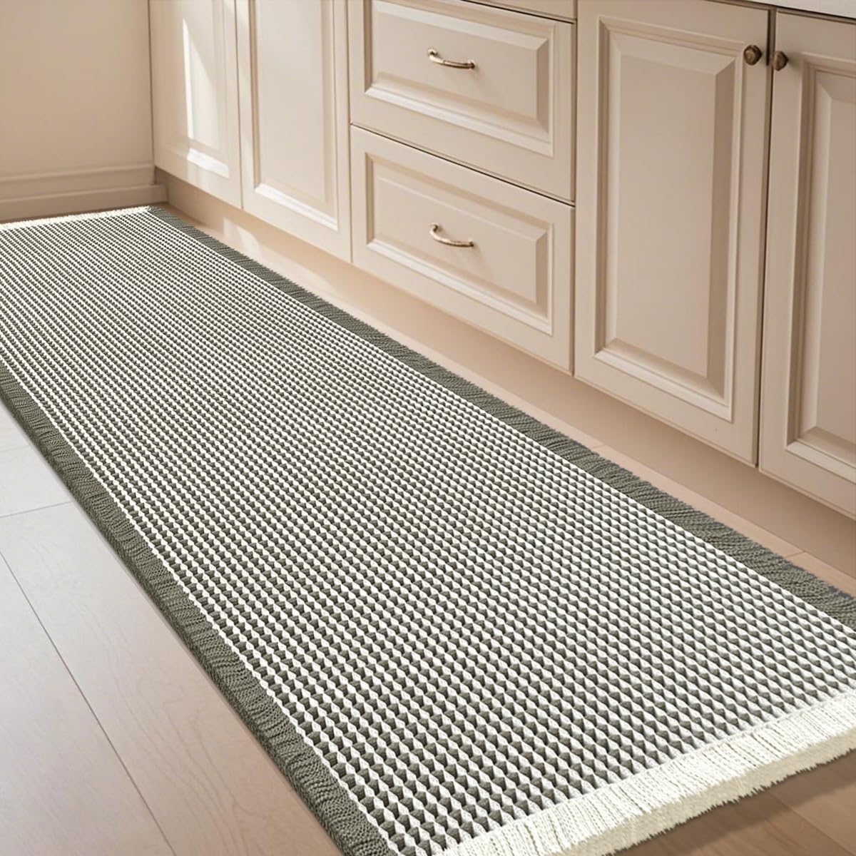 IM HOME Waffle Bath Mat Set 2 Piece Olive Green,Woven Modern Bath Rug Mats, Absorbent Non Slip Bath Floor Mat, Soft Washable Boho Bath Rugs with Tassels for Bathroom, Bedroom, Kitchen,Tub