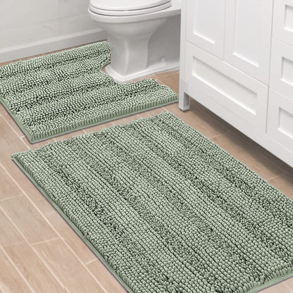 H.VERSAILTEX Bath Rugs for Bathroom Non Slip Bath Mats Extra Thick Chenille Striped Rug 20" x 32" Absorbent Non Skid Fluffy Soft Shaggy Washable Dry Fast Plush Mat for Indoor, Bath Room, Tub - Sage