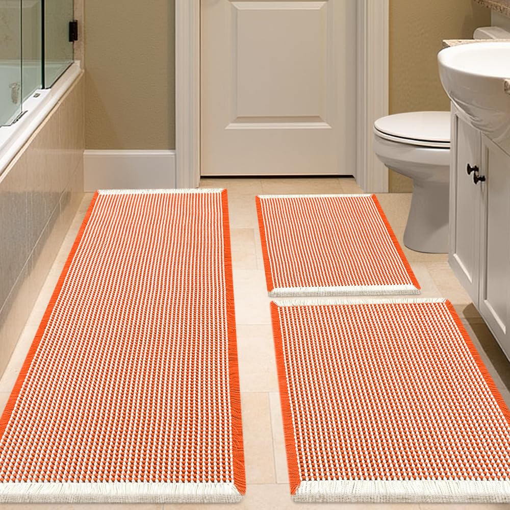 IM HOME Waffle Bath Mat Set 2 Piece Olive Green,Woven Modern Bath Rug Mats, Absorbent Non Slip Bath Floor Mat, Soft Washable Boho Bath Rugs with Tassels for Bathroom, Bedroom, Kitchen,Tub