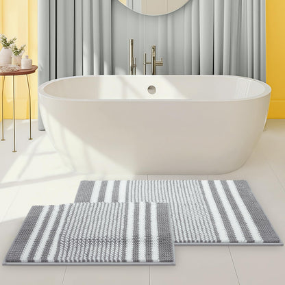 BSICPRO Bathroom Rugs Sets 2 Piece, Non Slip Striped Bath Mats, Fog Blue