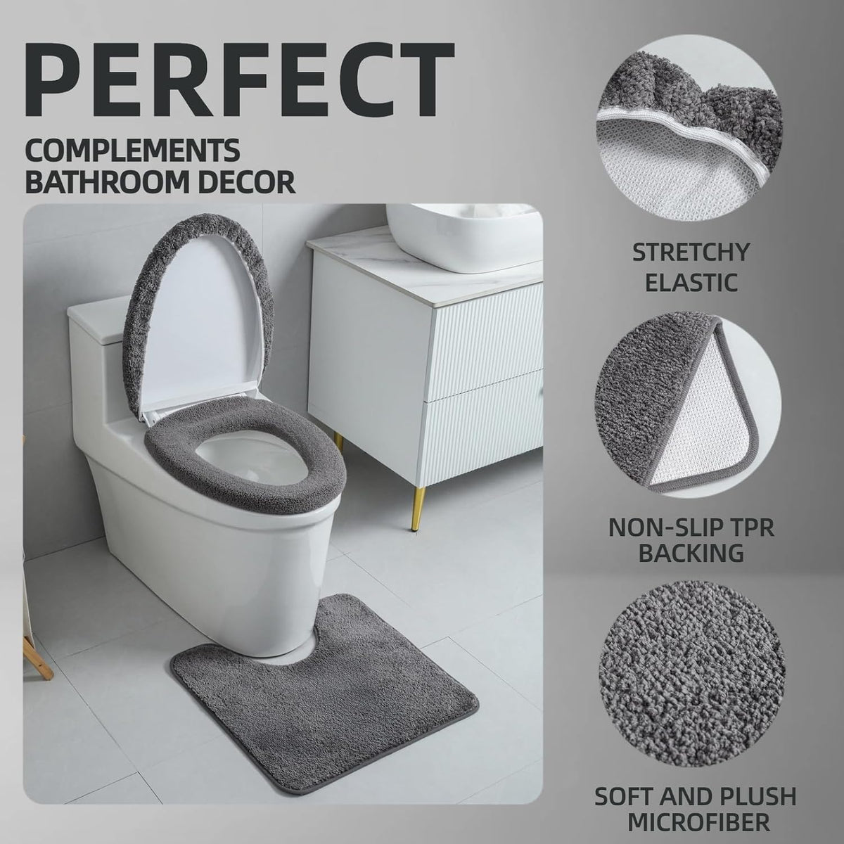 3piece Toilet Seat Cover Set - Toilet Seat Cover +Toilet Lid Cover + toilet rugs u shaped washable, Fits Most Elongated Round and Oblong Toilet(Machine Washable,Quick-Dry) grey