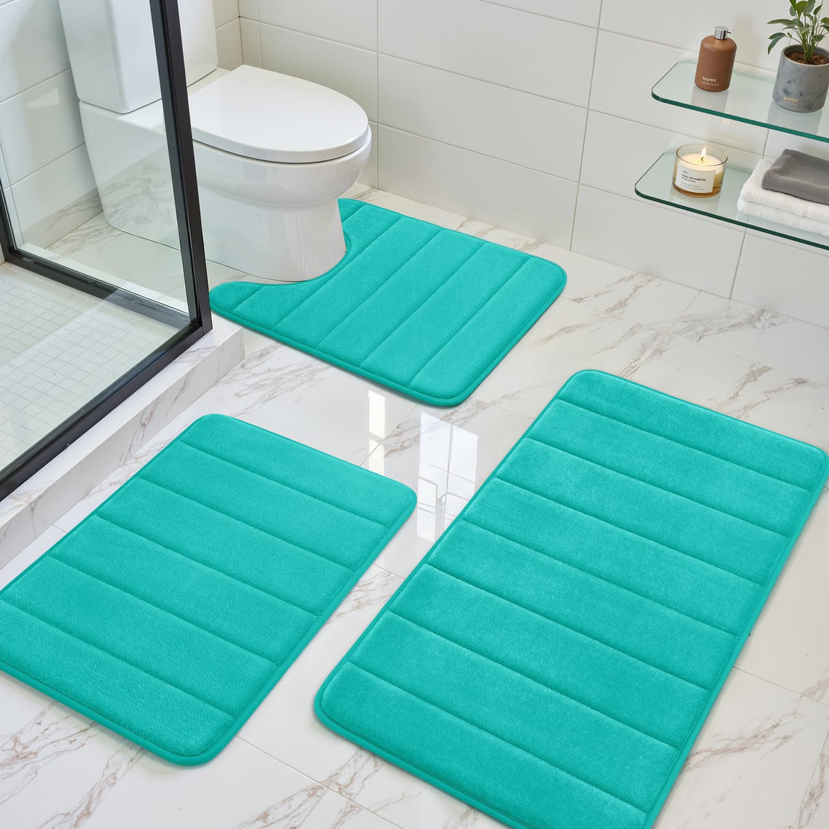BYSURE Black Memory Foam Bathroom Rug Set 3 Piece 17"x24"+20"x32"+U Shape 20"x24"
