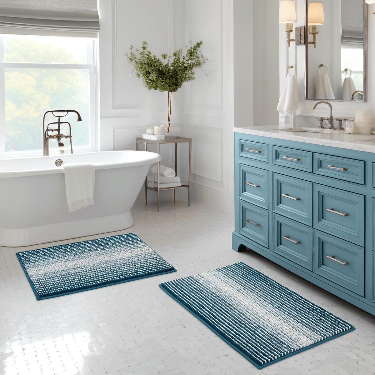 BSICPRO Bathroom Rugs Sets 2 Piece, Non Slip Striped Bath Mats, Sage