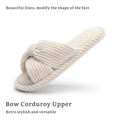 Chantomoo Slippers for Women Memory Foam House Womens Slipper Slides Home Bedroom Bathroom Spa Open Toe Corduroy Bow Slippers Cozy Comfortable