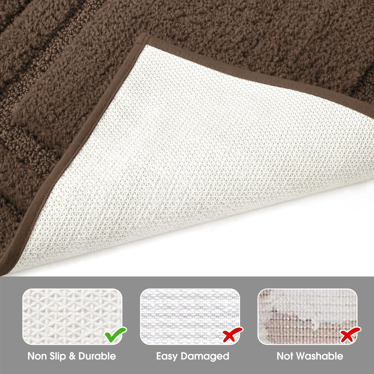 HOMEIDEAS Brown Bathroom Rugs Set of 3, Non Slip Bath Mats