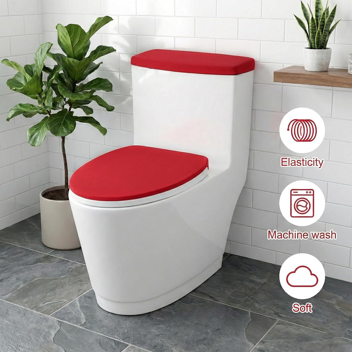 Red Toilet Seat Cover, Toilet Cover Set For Bathroom Super Soft Toilets Tank Covers Toilets Seat Covers Washable With Elastic Bottom Red Bathroom Accessories Fits Most Lids, Easy Installation Cleaning