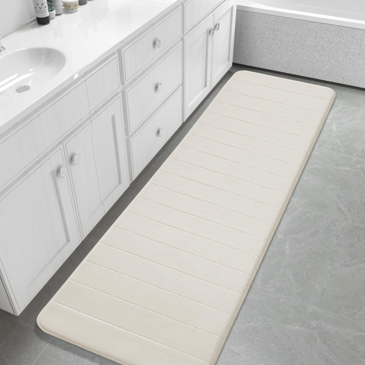 Yimobra Memory Foam Bath Mat, Super Soft Absorbent Bathroom Rug Non Slip, Quick Dry, Machine Washable Floor Carpet for Tub Shower, Home Decor Accessories, 24x17, Cream