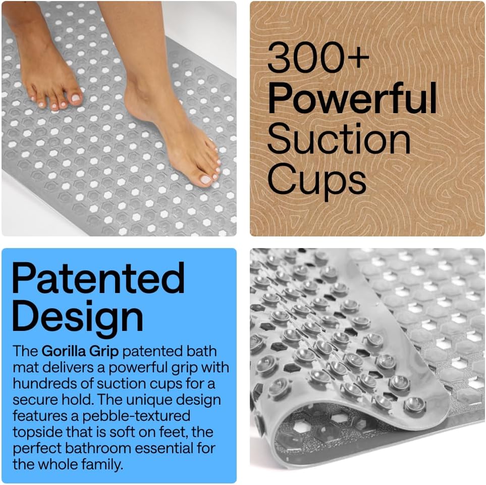 GORILLA GRIP Bath Tub Shower Mat, Bathtub Floor Liner, 35x16 Gray Opaque