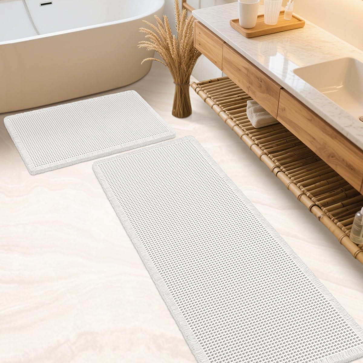 IM HOME Waffle Bath Mat Set 2 Piece Olive Green,Woven Modern Bath Rug Mats, Absorbent Non Slip Bath Floor Mat, Soft Washable Boho Bath Rugs with Tassels for Bathroom, Bedroom, Kitchen,Tub