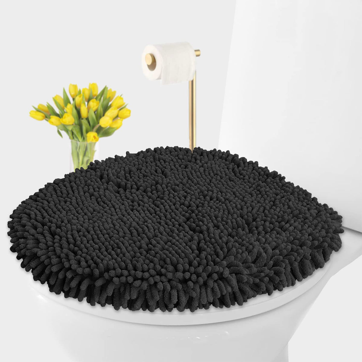 LuxUrux Toilet Lid Cover with Stretch Fit Elastic Band – Chenille Microfiber Toilet Seat Non-Slip Cover for Bathroom – Soft Plush, Machine Wash And Dry, Comfort & Clean Look (18 x 18'', Birch)