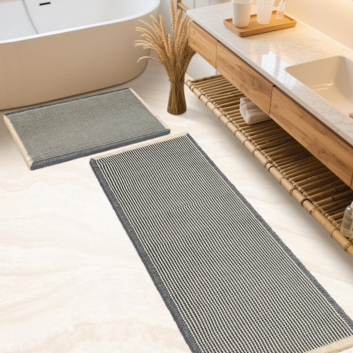 IM HOME Waffle Bath Mat Set 2 Piece Olive Green,Woven Modern Bath Rug Mats, Absorbent Non Slip Bath Floor Mat, Soft Washable Boho Bath Rugs with Tassels for Bathroom, Bedroom, Kitchen,Tub