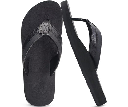 KuaiLu Mens Faux Leather Flip Flops with Comfortable Arch Support