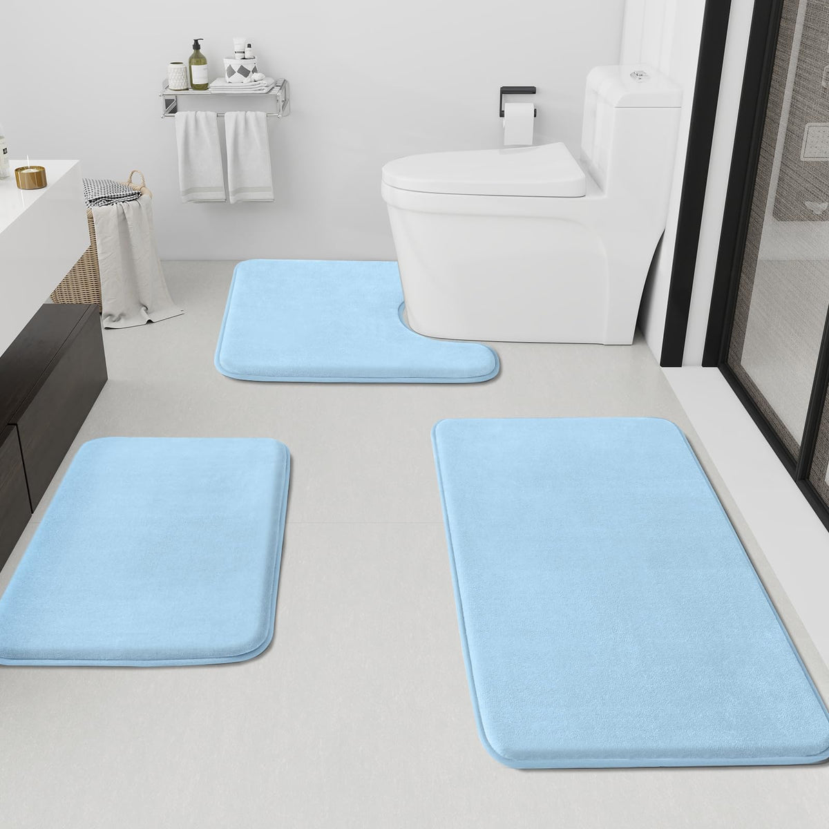 HUXMEYSON Bathroom Rugs Sets 3 Piece, Non-Slip & Quick Dry Bath Mat Set, Ultra Soft Velvet Bath Rugs for Bathroom, Toilet and Shower Floor, Grey