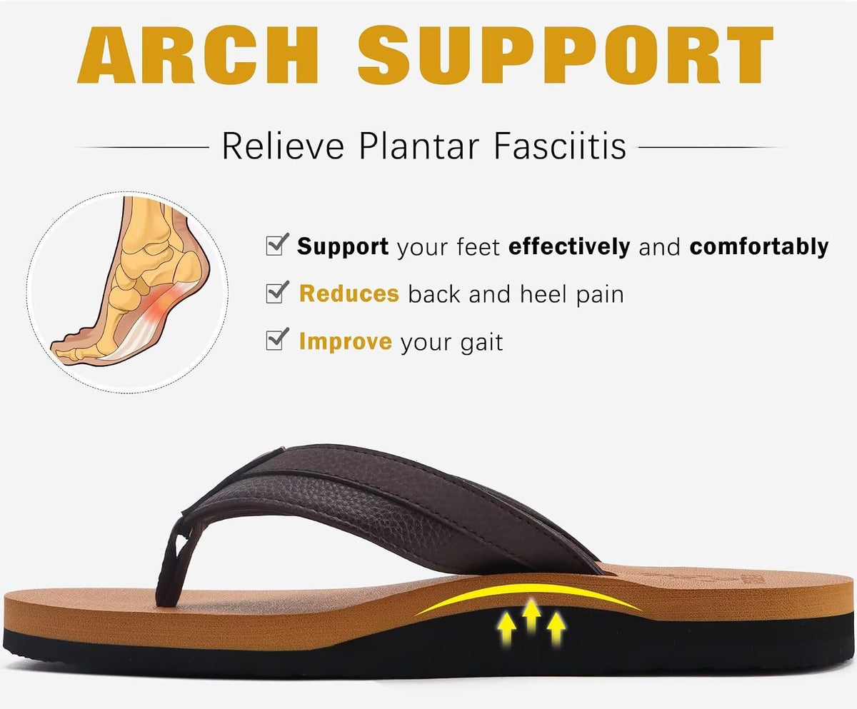 KuaiLu Mens Faux Leather Flip Flops with Comfortable Arch Support