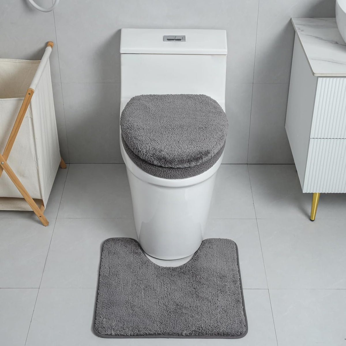 3piece Toilet Seat Cover Set - Toilet Seat Cover +Toilet Lid Cover + toilet rugs u shaped washable, Fits Most Elongated Round and Oblong Toilet(Machine Washable,Quick-Dry) grey