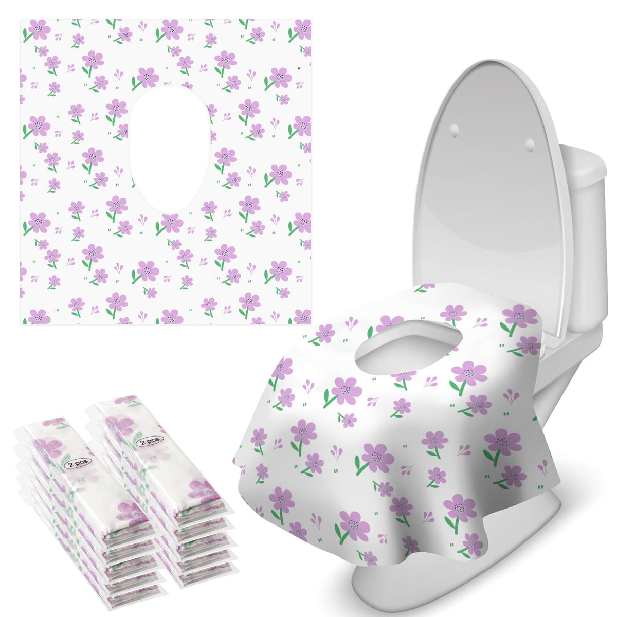 Blissful Diary 30 Pcs Toilet Seat Covers Disposable for Toddlers & Adults, Extra Large Waterproof, Portable Package for Travel, Kids Potty Training(Purple Flowers)
