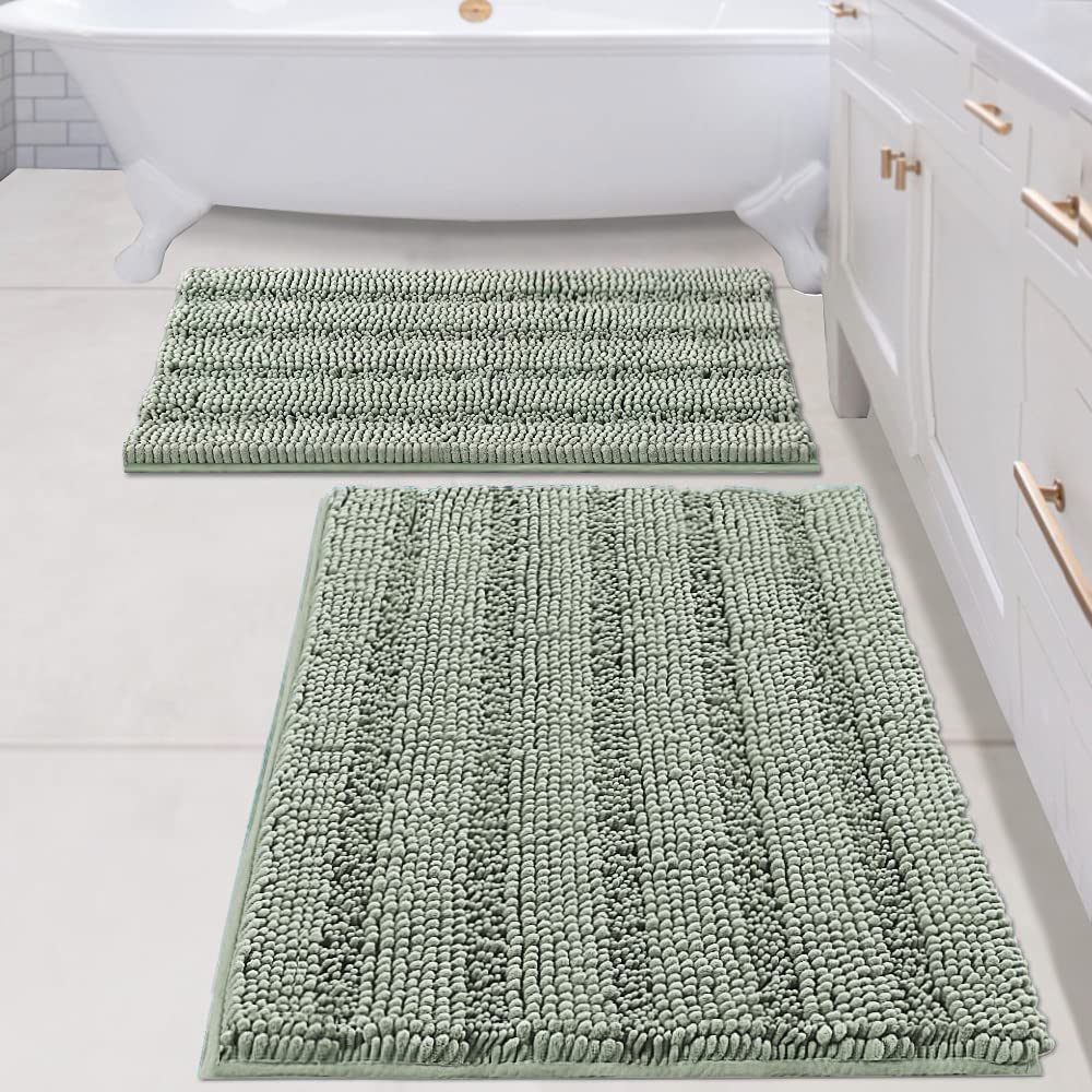 H.VERSAILTEX Bath Rugs for Bathroom Non Slip Bath Mats Extra Thick Chenille Striped Rug 20" x 32" Absorbent Non Skid Fluffy Soft Shaggy Washable Dry Fast Plush Mat for Indoor, Bath Room, Tub - Sage