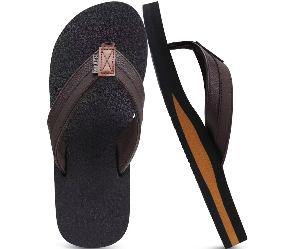 KuaiLu Mens Faux Leather Flip Flops with Comfortable Arch Support