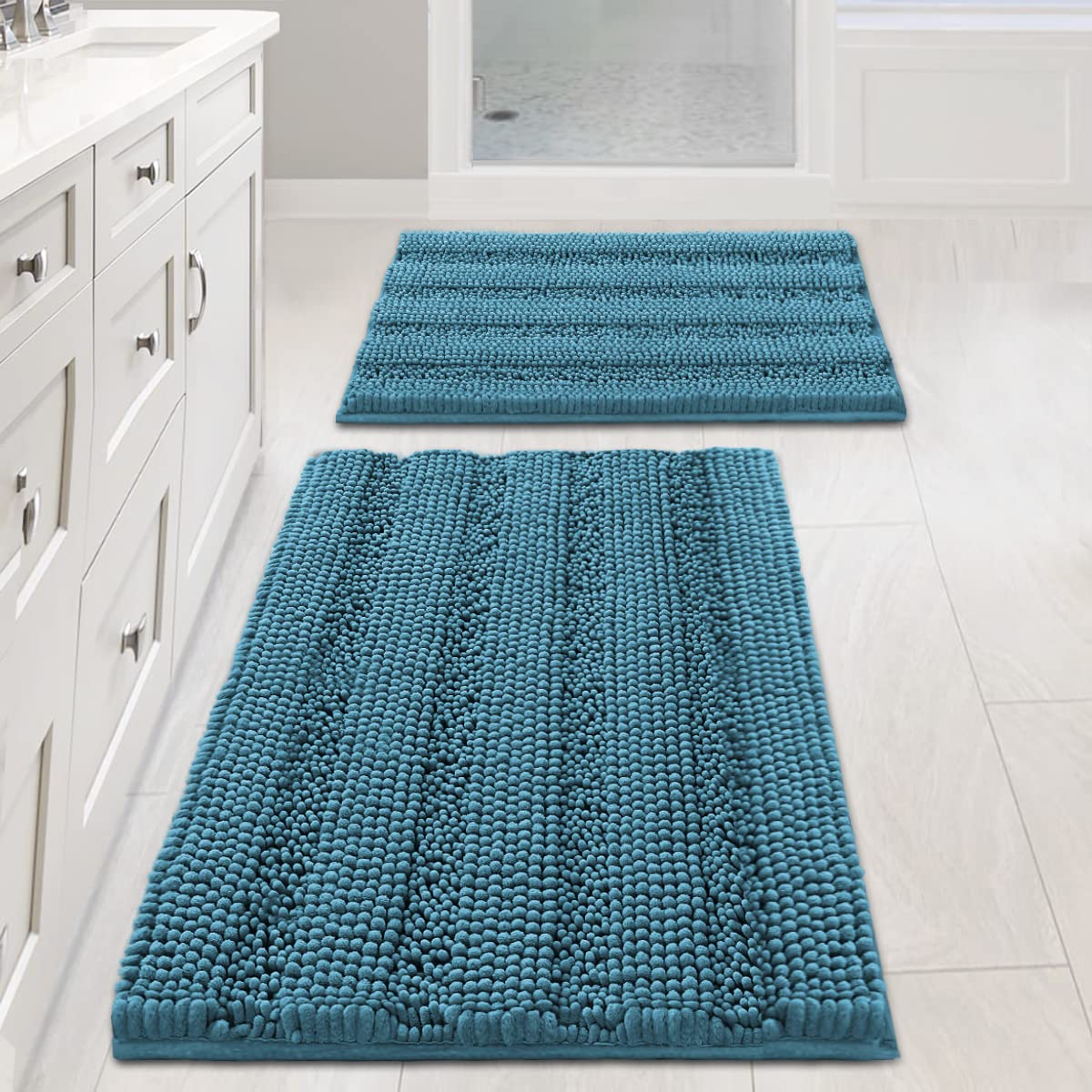 H.VERSAILTEX Bath Rugs for Bathroom Non Slip Bath Mats Extra Thick Chenille Striped Rug 20" x 32" Absorbent Non Skid Fluffy Soft Shaggy Washable Dry Fast Plush Mat for Indoor, Bath Room, Tub - Sage
