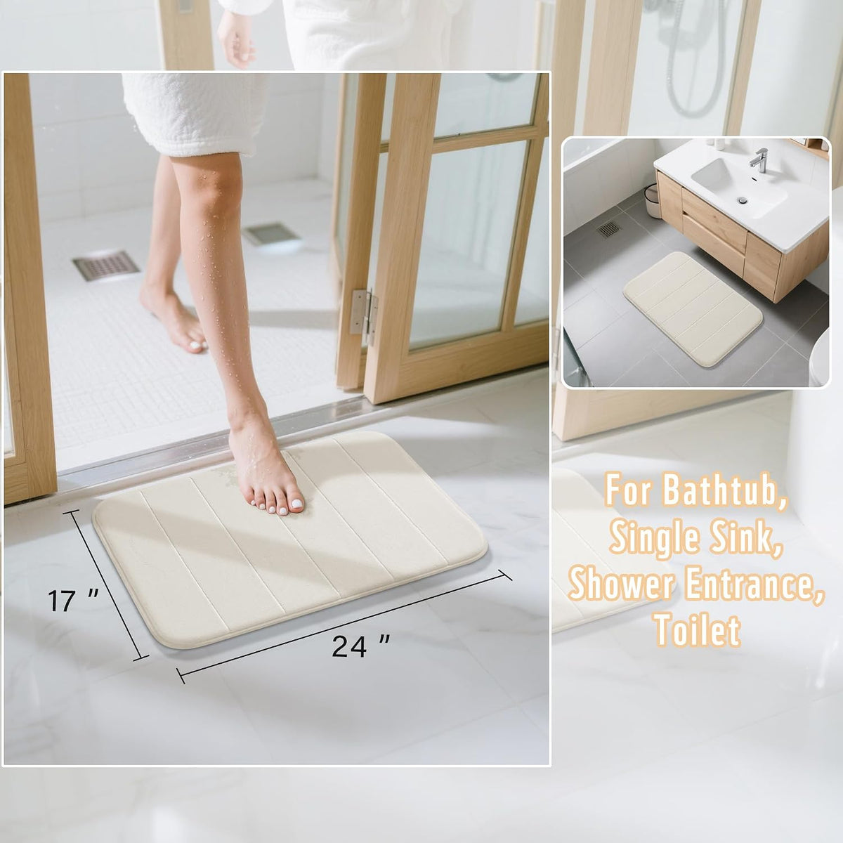 Yimobra Memory Foam Bath Mat, Super Soft Absorbent Bathroom Rug Non Slip, Quick Dry, Machine Washable Floor Carpet for Tub Shower, Home Decor Accessories, 24x17, Cream