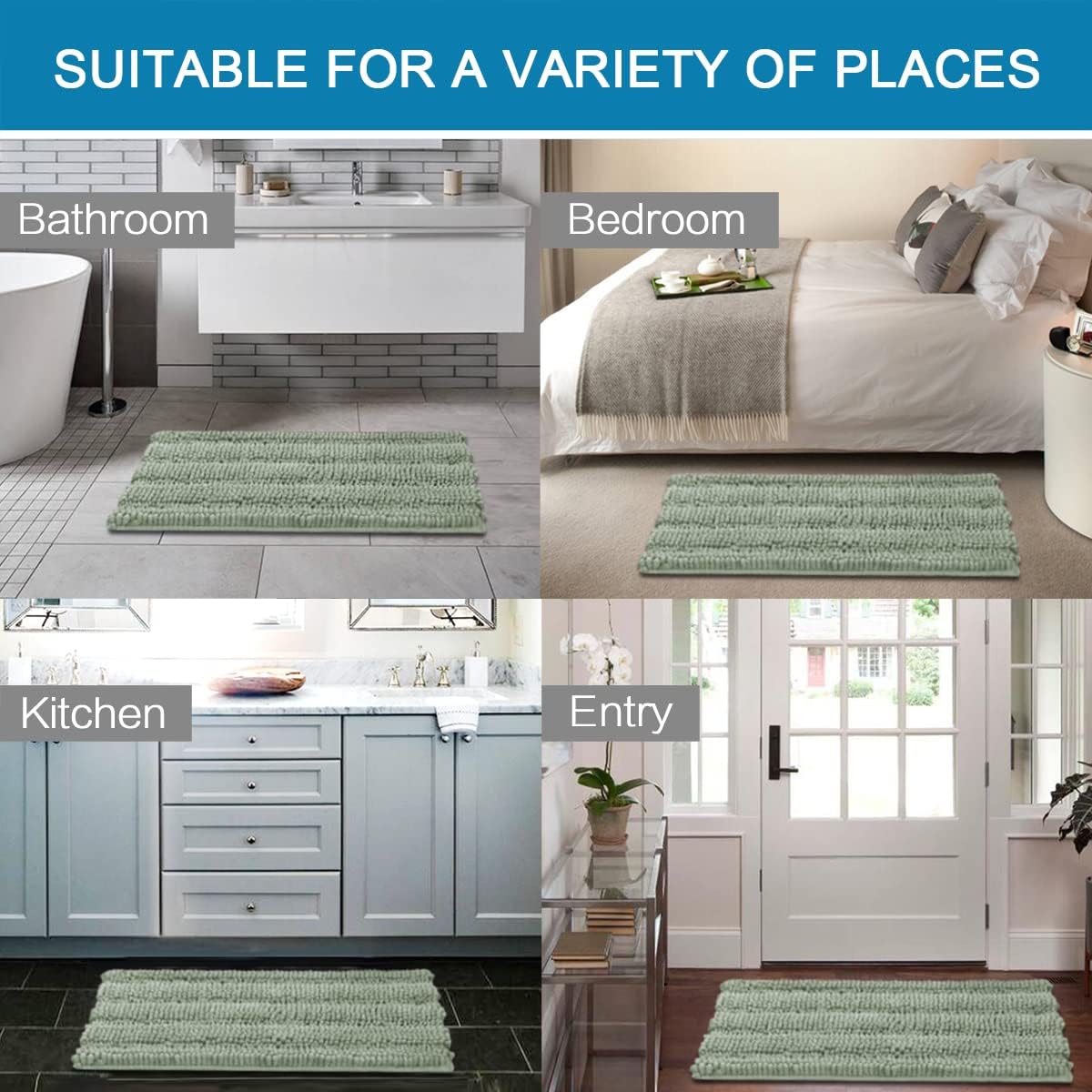 H.VERSAILTEX Bath Rugs for Bathroom Non Slip Bath Mats Extra Thick Chenille Striped Rug 20" x 32" Absorbent Non Skid Fluffy Soft Shaggy Washable Dry Fast Plush Mat for Indoor, Bath Room, Tub - Sage