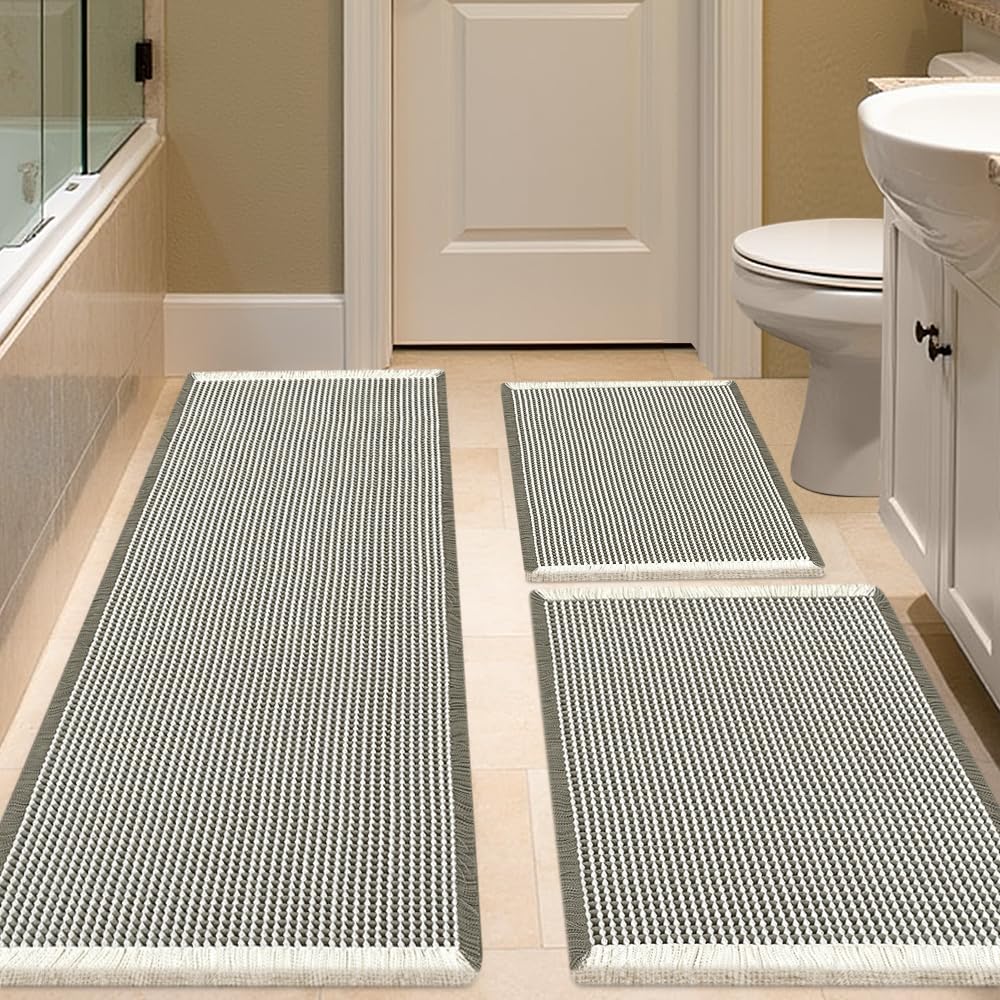 IM HOME Waffle Bath Mat Set 2 Piece Olive Green,Woven Modern Bath Rug Mats, Absorbent Non Slip Bath Floor Mat, Soft Washable Boho Bath Rugs with Tassels for Bathroom, Bedroom, Kitchen,Tub