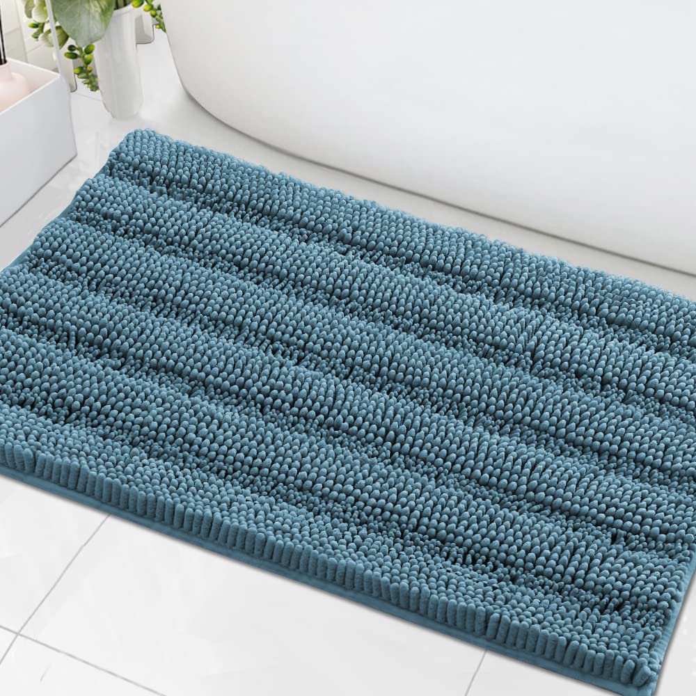 H.VERSAILTEX Sage Bathroom Rugs, Bath Mat Set of 2 Extra Thick Chenille Striped Pattern Shaggy Bath Rugs for Bath Room, Non Skid Bath Mats for Bathroom Floor (32 x 20 Plus 24 x 17 - Inches)