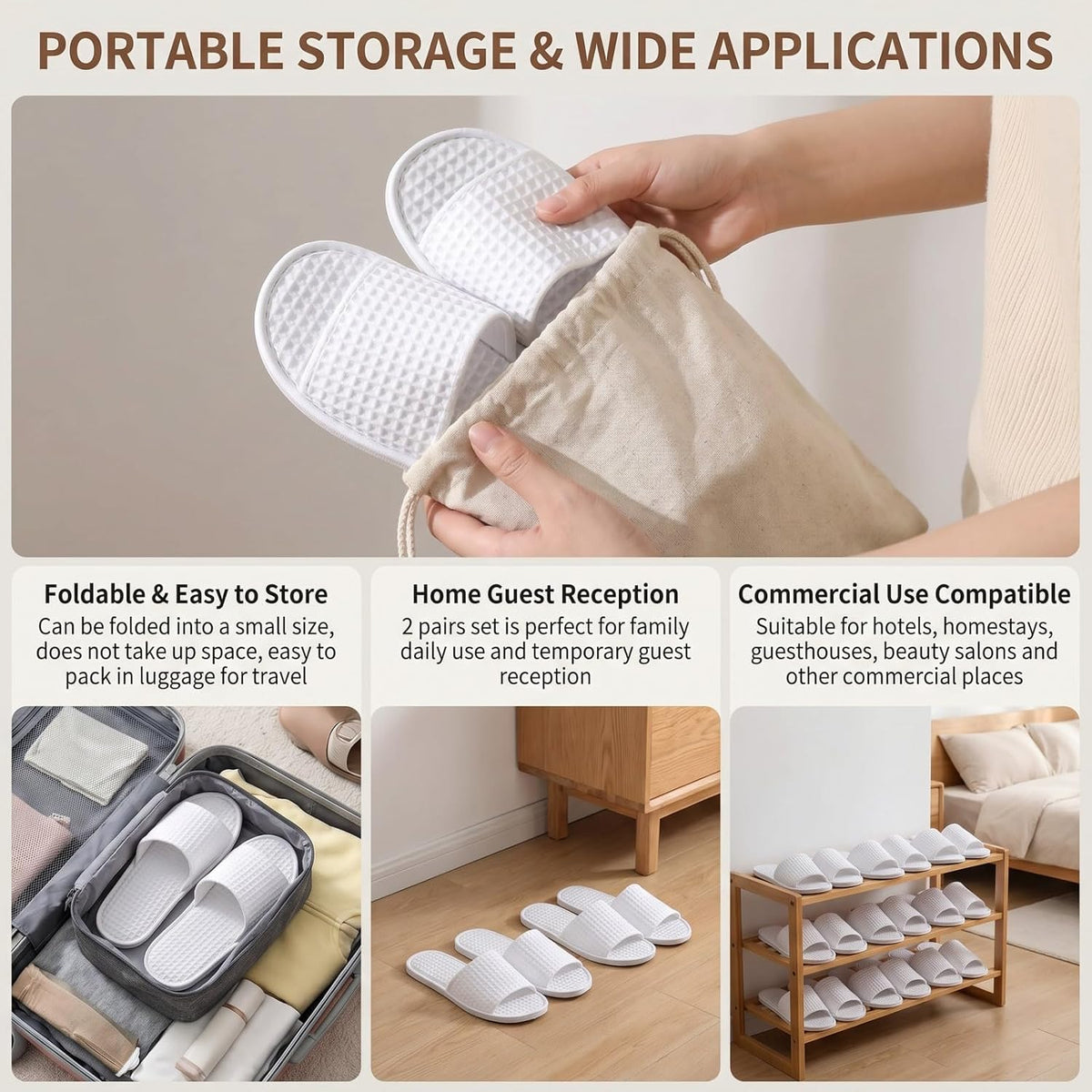 UPSTORE 2 Pairs Disposable Open Toe Spa Slippers, Non Slip House Hotel Slippers, Reusable Guest Footwear for Home Travel Bathroom Spa, Fits Men and Women