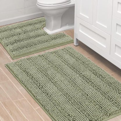 H.VERSAILTEX Bath Rugs for Bathroom Non Slip Bath Mats Extra Thick Chenille Striped Rug 20" x 32" Absorbent Non Skid Fluffy Soft Shaggy Washable Dry Fast Plush Mat for Indoor, Bath Room, Tub - Sage