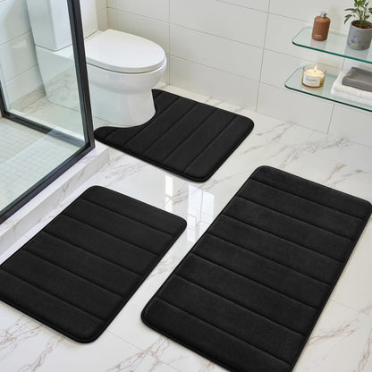 BYSURE Black Memory Foam Bathroom Rug Set 3 Piece 17"x24"+20"x32"+U Shape 20"x24"
