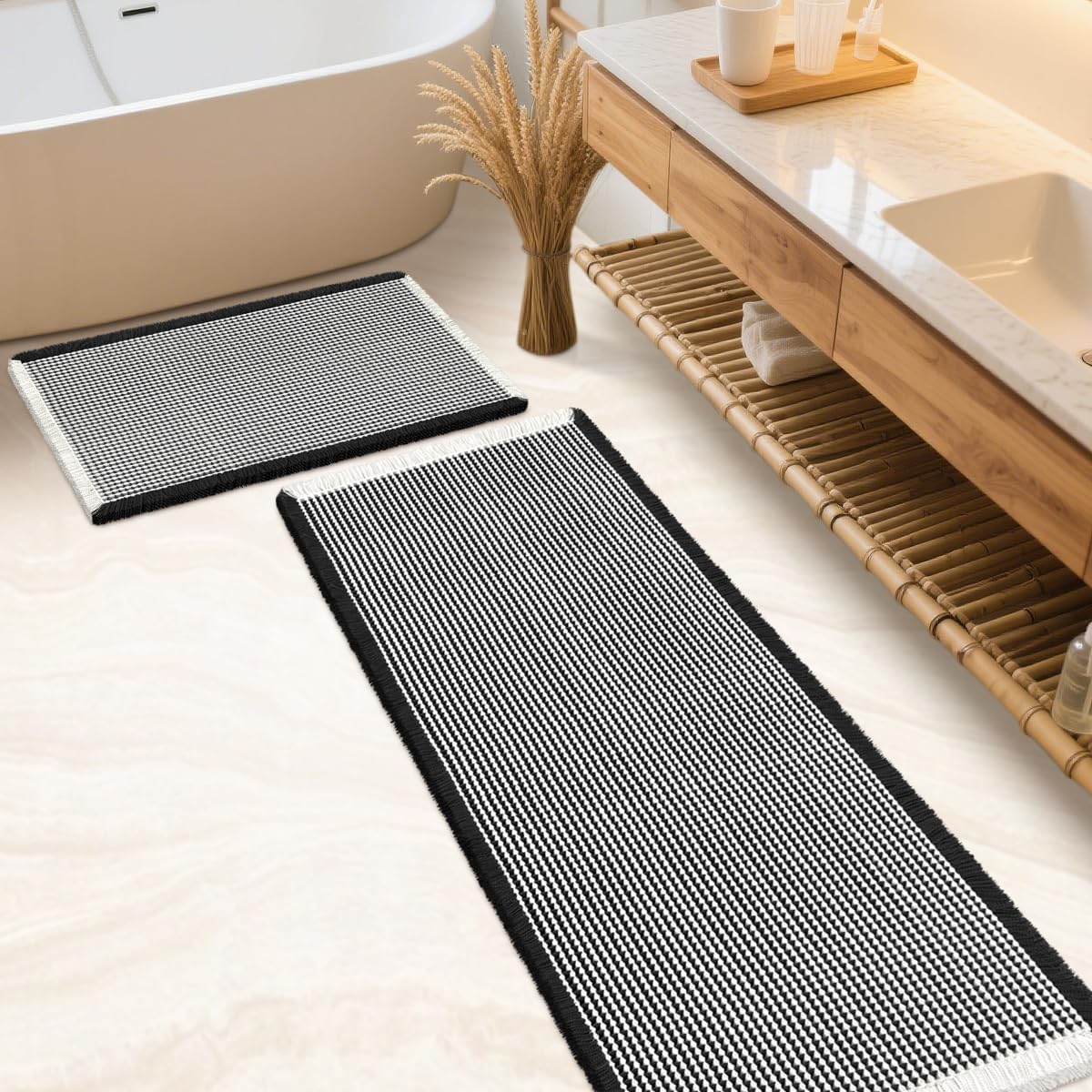 IM HOME Waffle Bath Mat Set 2 Piece Olive Green,Woven Modern Bath Rug Mats, Absorbent Non Slip Bath Floor Mat, Soft Washable Boho Bath Rugs with Tassels for Bathroom, Bedroom, Kitchen,Tub