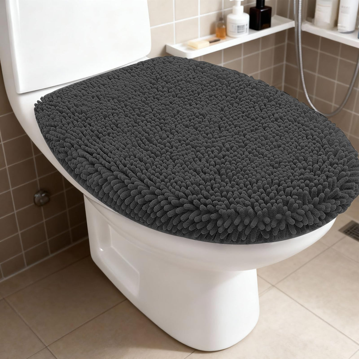RUN HELIX Bathroom Toilet Lid Cover,Chenille Machine Washable Seat Covers, 17.5x15, Stays in Place Rubber Backing, Fits Most Round, Elongated and Oblong Lids, Accessories Decor, Blue