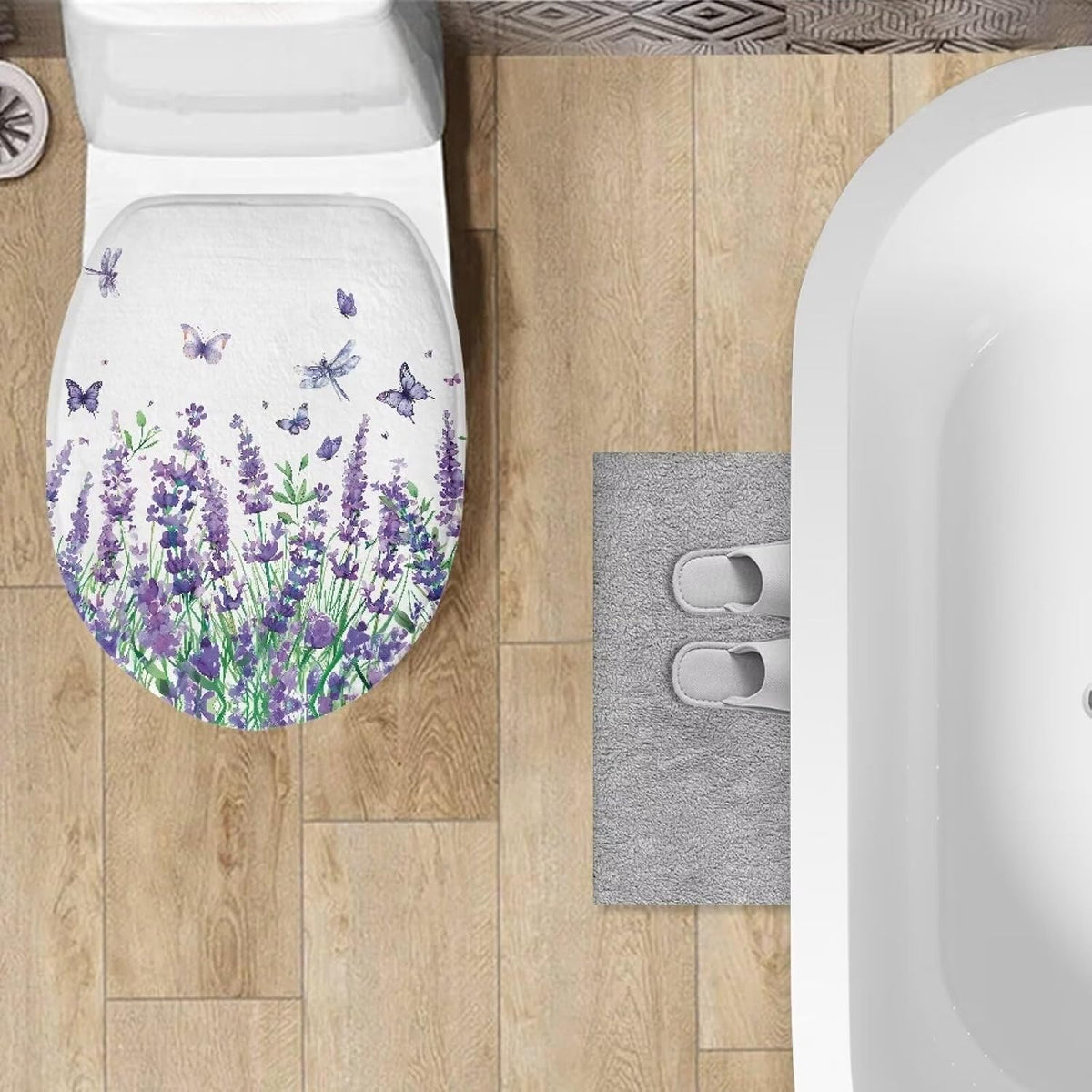 Purple Lavender Elongated Toilet Seat Cover Soft and Absorbent Fabric Toilet Lid Cover Oval Fits Most Standard Lids with Elastic Band for Bathroom Decor Accessories Protective