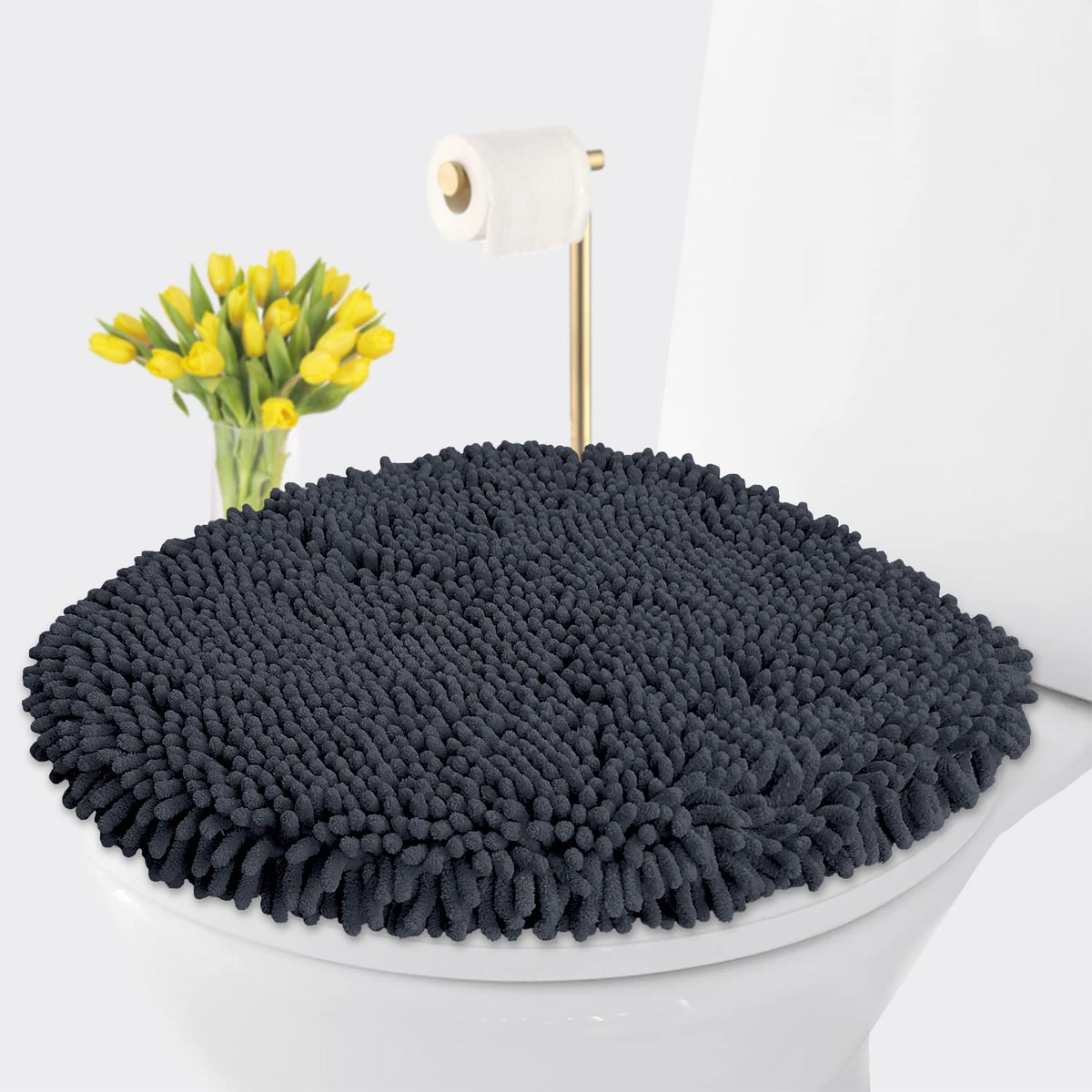LuxUrux Toilet Lid Cover with Stretch Fit Elastic Band – Chenille Microfiber Toilet Seat Non-Slip Cover for Bathroom – Soft Plush, Machine Wash And Dry, Comfort & Clean Look (18 x 18'', Birch)