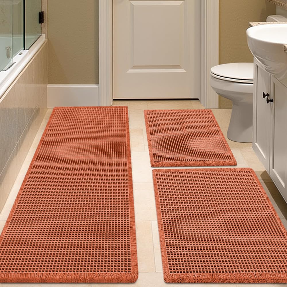 IM HOME Waffle Bath Mat Set 2 Piece Olive Green,Woven Modern Bath Rug Mats, Absorbent Non Slip Bath Floor Mat, Soft Washable Boho Bath Rugs with Tassels for Bathroom, Bedroom, Kitchen,Tub
