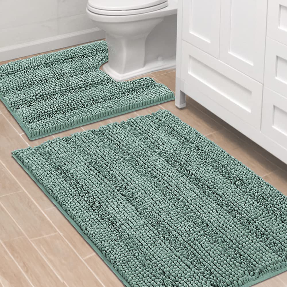 H.VERSAILTEX Bath Rugs for Bathroom Non Slip Bath Mats Extra Thick Chenille Striped Rug 20" x 32" Absorbent Non Skid Fluffy Soft Shaggy Washable Dry Fast Plush Mat for Indoor, Bath Room, Tub - Sage