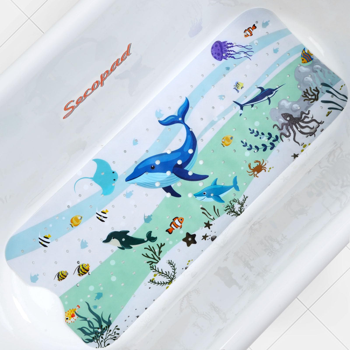 Secopad Bathtub Mat Non Slip, Cute Tub Mat, 40" x 16", Blue Sea Animals