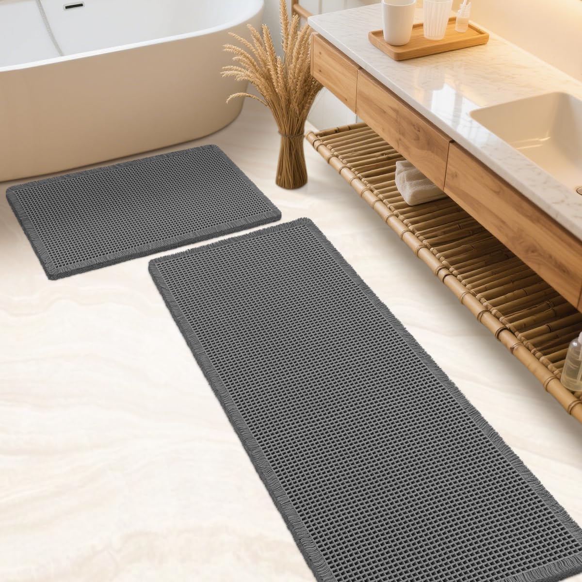 IM HOME Waffle Bath Mat Set 2 Piece Olive Green,Woven Modern Bath Rug Mats, Absorbent Non Slip Bath Floor Mat, Soft Washable Boho Bath Rugs with Tassels for Bathroom, Bedroom, Kitchen,Tub