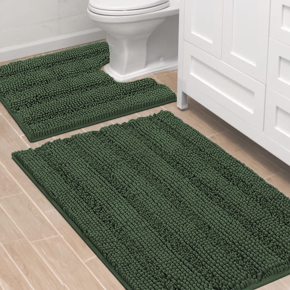 H.VERSAILTEX Bath Rugs for Bathroom Non Slip Bath Mats Extra Thick Chenille Striped Rug 20" x 32" Absorbent Non Skid Fluffy Soft Shaggy Washable Dry Fast Plush Mat for Indoor, Bath Room, Tub - Sage