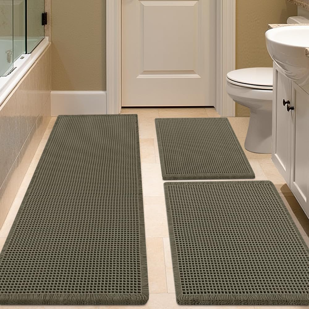 IM HOME Waffle Bath Mat Set 2 Piece Olive Green,Woven Modern Bath Rug Mats, Absorbent Non Slip Bath Floor Mat, Soft Washable Boho Bath Rugs with Tassels for Bathroom, Bedroom, Kitchen,Tub