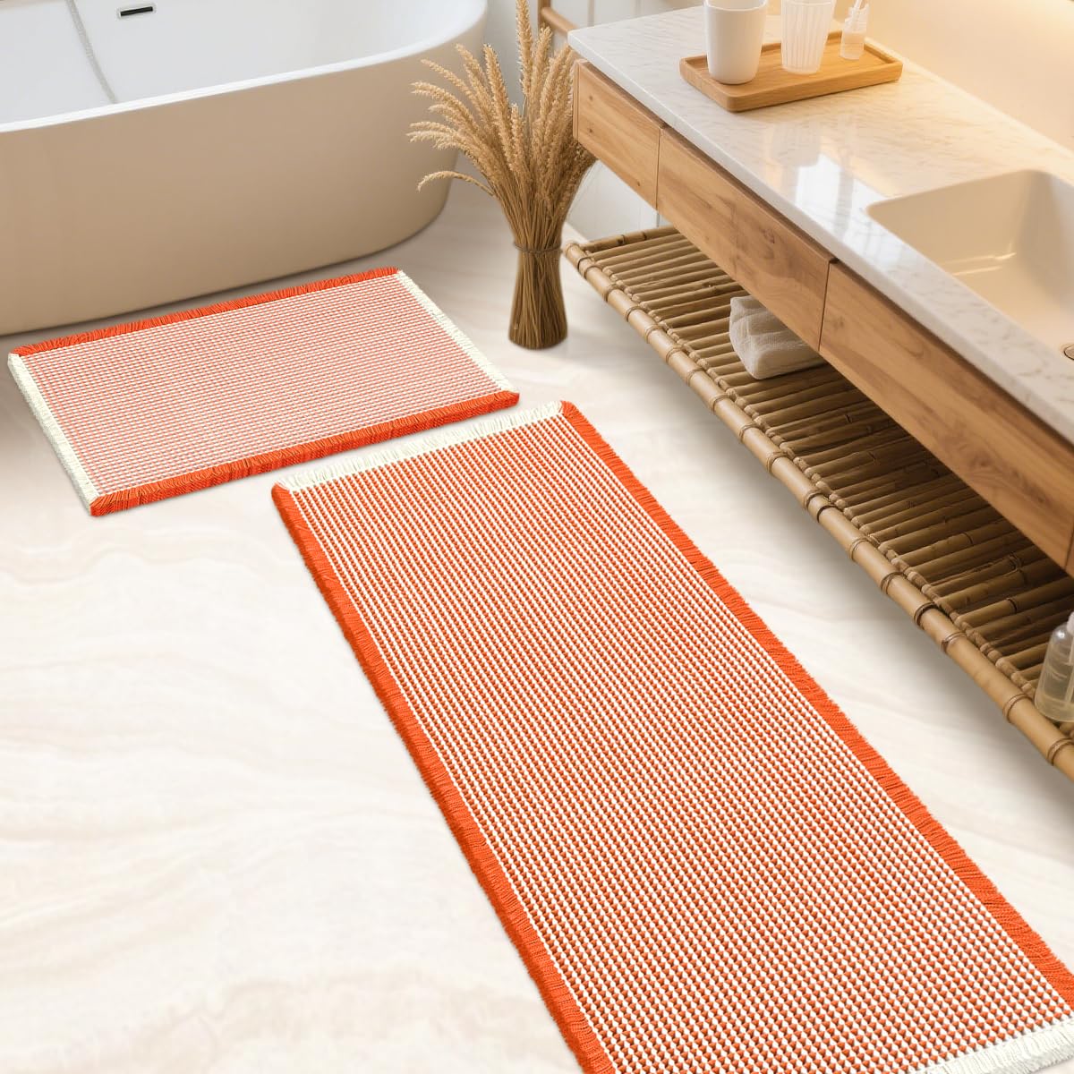 IM HOME Waffle Bath Mat Set 2 Piece Olive Green,Woven Modern Bath Rug Mats, Absorbent Non Slip Bath Floor Mat, Soft Washable Boho Bath Rugs with Tassels for Bathroom, Bedroom, Kitchen,Tub