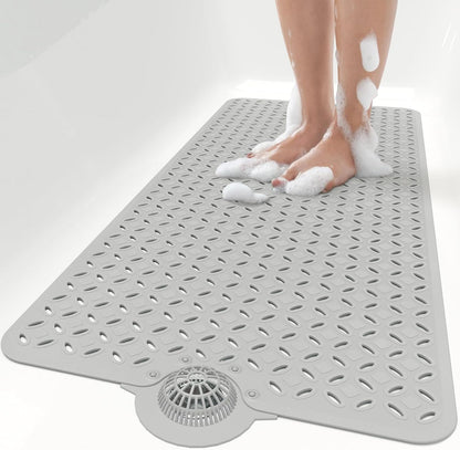 OTHWAY Bath Mat for Tub Non Slip: 39" X 17" Long Bathtub Mat with Hair Catcher│Big Drain Holes Shower Mats for Inside Shower│Machine Washable (Grey)