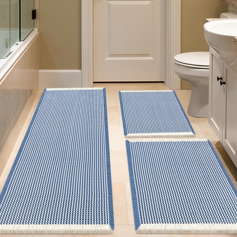 IM HOME Waffle Bath Mat Set 2 Piece Olive Green,Woven Modern Bath Rug Mats, Absorbent Non Slip Bath Floor Mat, Soft Washable Boho Bath Rugs with Tassels for Bathroom, Bedroom, Kitchen,Tub