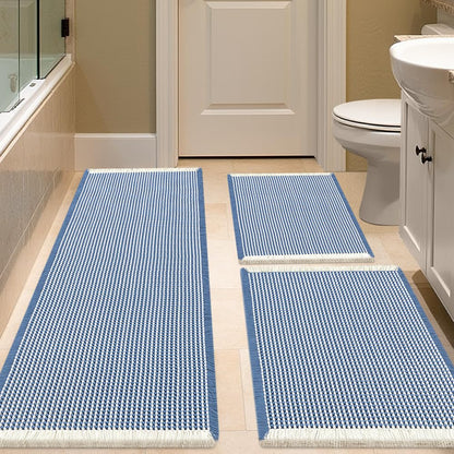 IM HOME Waffle Bath Mat Set 2 Piece Olive Green,Woven Modern Bath Rug Mats, Absorbent Non Slip Bath Floor Mat, Soft Washable Boho Bath Rugs with Tassels for Bathroom, Bedroom, Kitchen,Tub