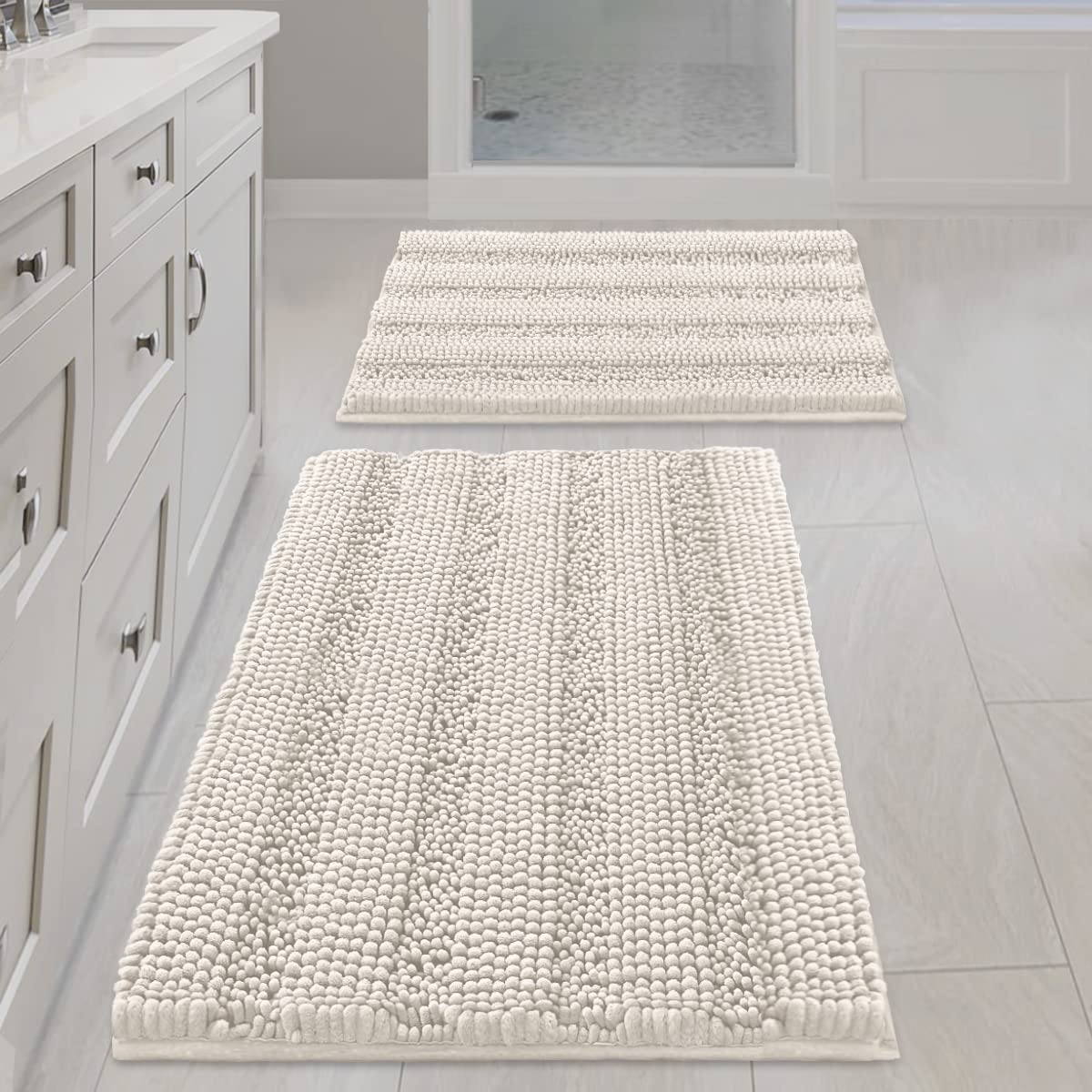 H.VERSAILTEX Bath Rugs for Bathroom Non Slip Bath Mats Extra Thick Chenille Striped Rug 20" x 32" Absorbent Non Skid Fluffy Soft Shaggy Washable Dry Fast Plush Mat for Indoor, Bath Room, Tub - Sage
