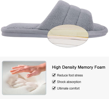 shevalues Terry Cloth Open Toe Slippers for Women Memory Foam House Shoes