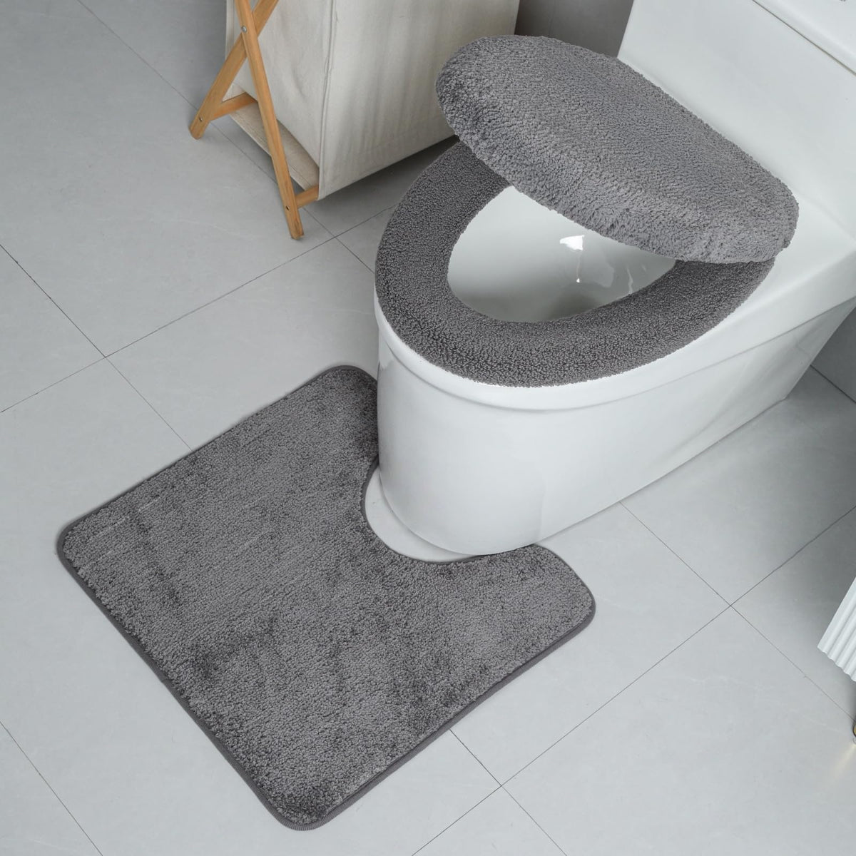 3piece Toilet Seat Cover Set - Toilet Seat Cover +Toilet Lid Cover + toilet rugs u shaped washable, Fits Most Elongated Round and Oblong Toilet(Machine Washable,Quick-Dry) grey